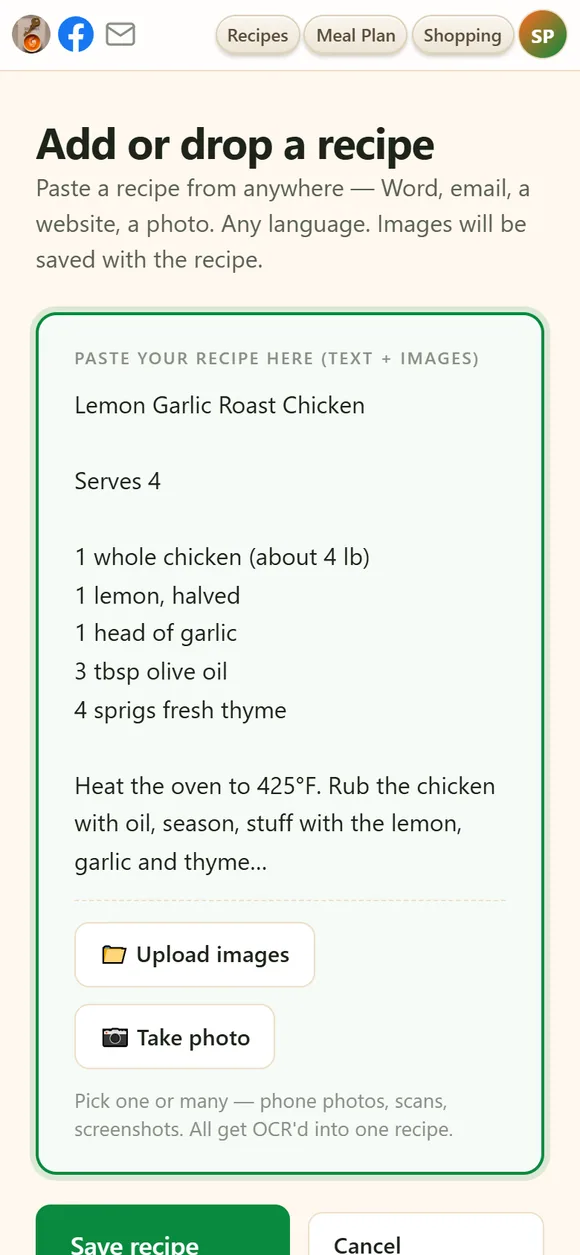 The Add recipe page on a phone with a pasted recipe in the box and the Upload images, Take photo and Save recipe buttons