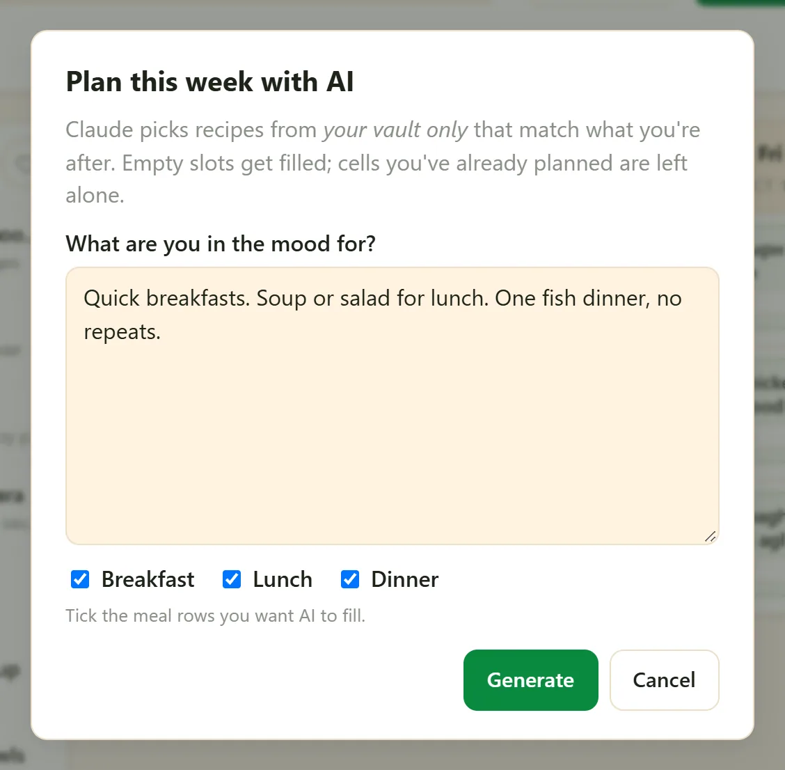 The Plan this week with AI dialog: a box describing what you are in the mood for, and checkboxes for breakfast, lunch and dinner