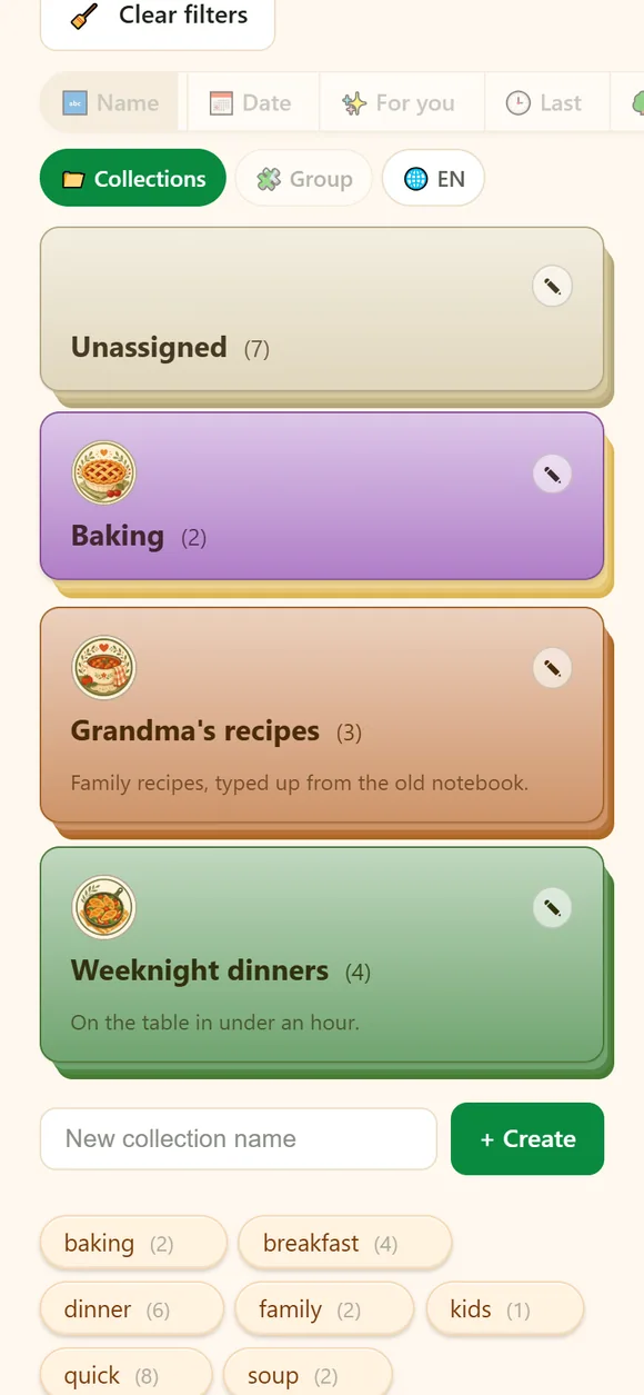 The Collections view on a phone: coloured collection cards with recipe counts and descriptions