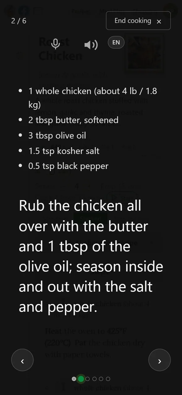 Cooking mode: a single step in large type with its ingredients, the microphone and speaker buttons, and next and previous arrows
