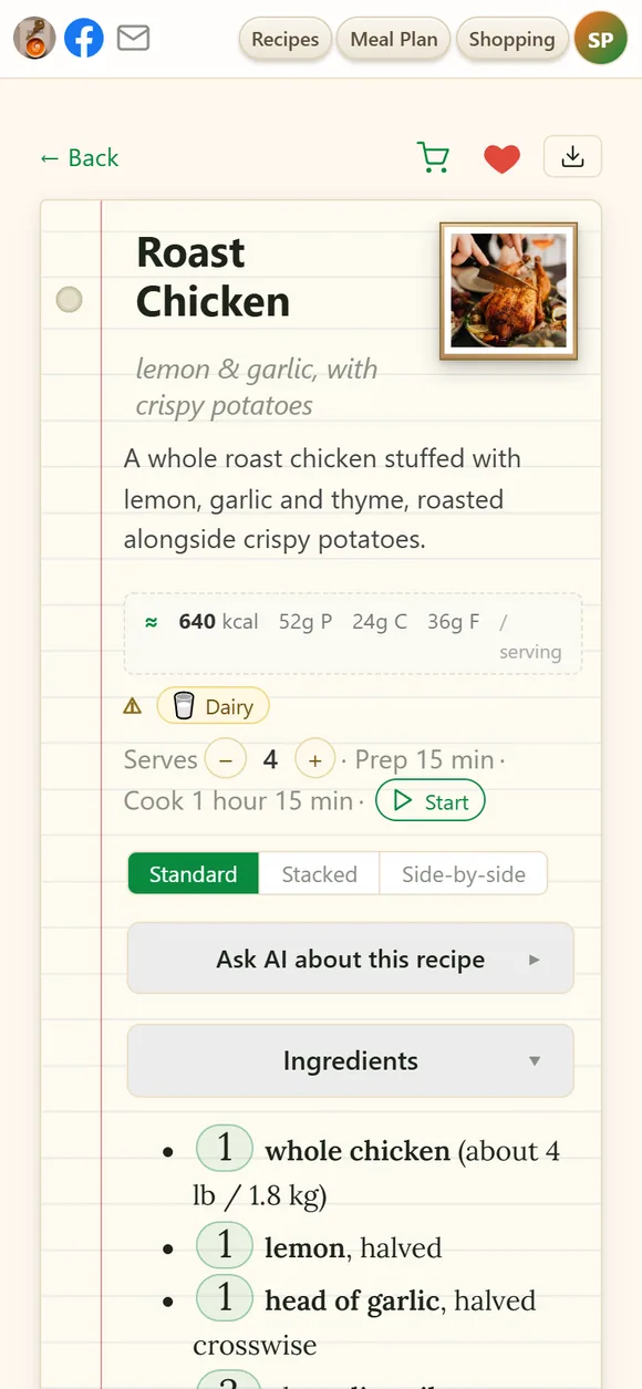 A recipe on a phone: the title, nutrition per serving, allergen chips, the servings stepper, the layout switch and the ingredient list