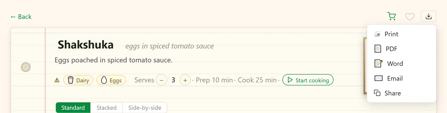 The export menu of a recipe with Print, PDF, Word, Email and Share