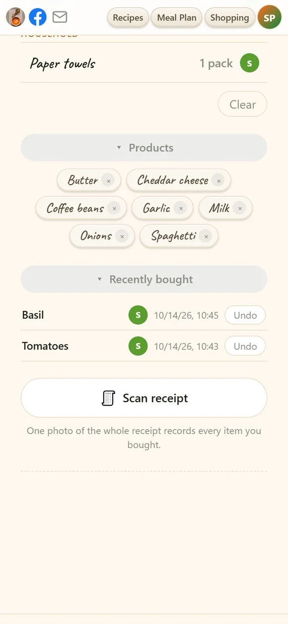 The bottom of the shopping list: Products chips of usual items, the Recently bought list with Undo buttons, and the Scan receipt button