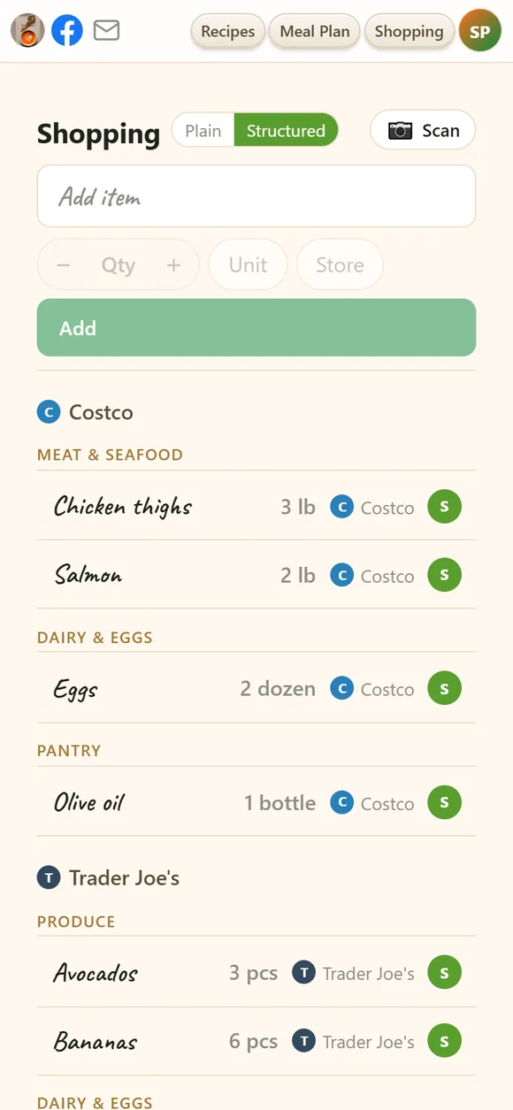 The shopping list on a phone in the Structured view: items grouped by store and then by aisle, each with its amount, store and who added it