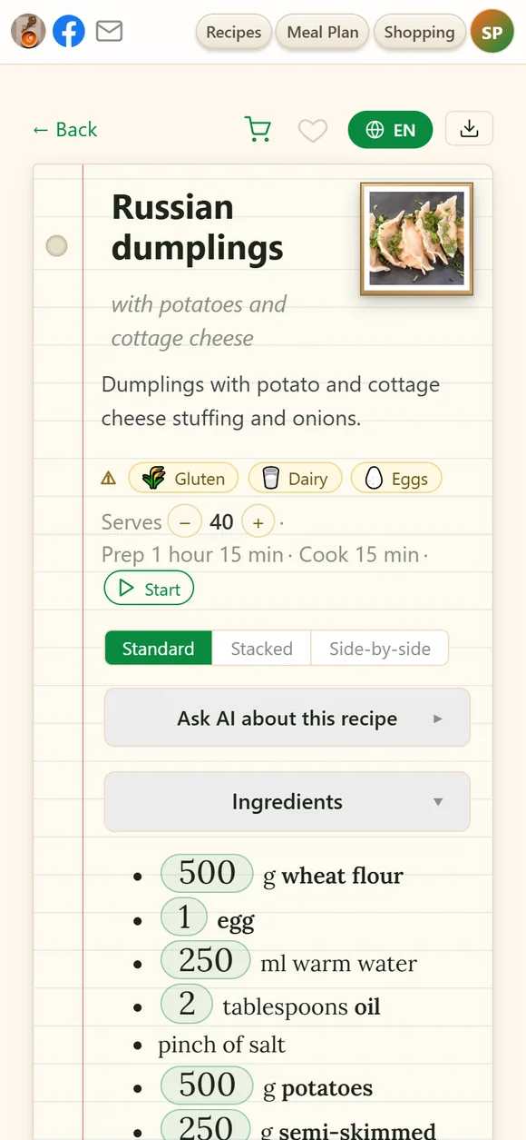 The same pierogi recipe translated into English with one tap