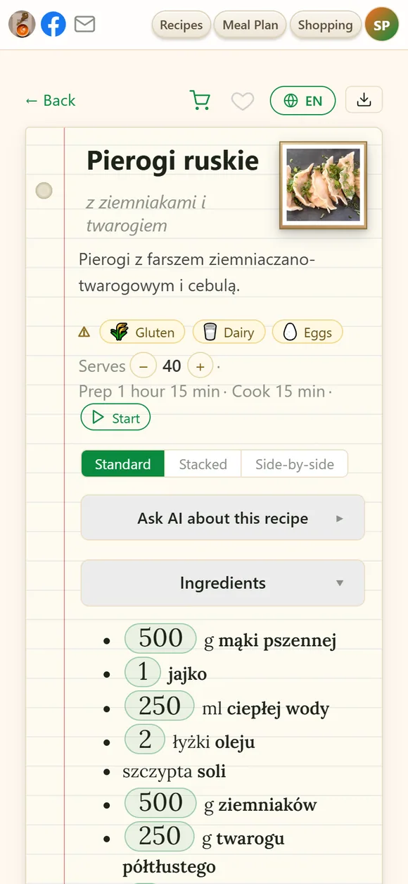 A Polish recipe for pierogi ruskie, shown in the original Polish