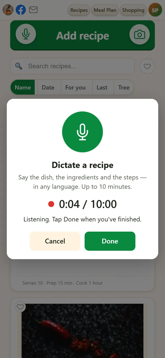 Diktering av ett recept i en telefon: mikrofonen lyssnar, med en pågående timer och knappen Klar